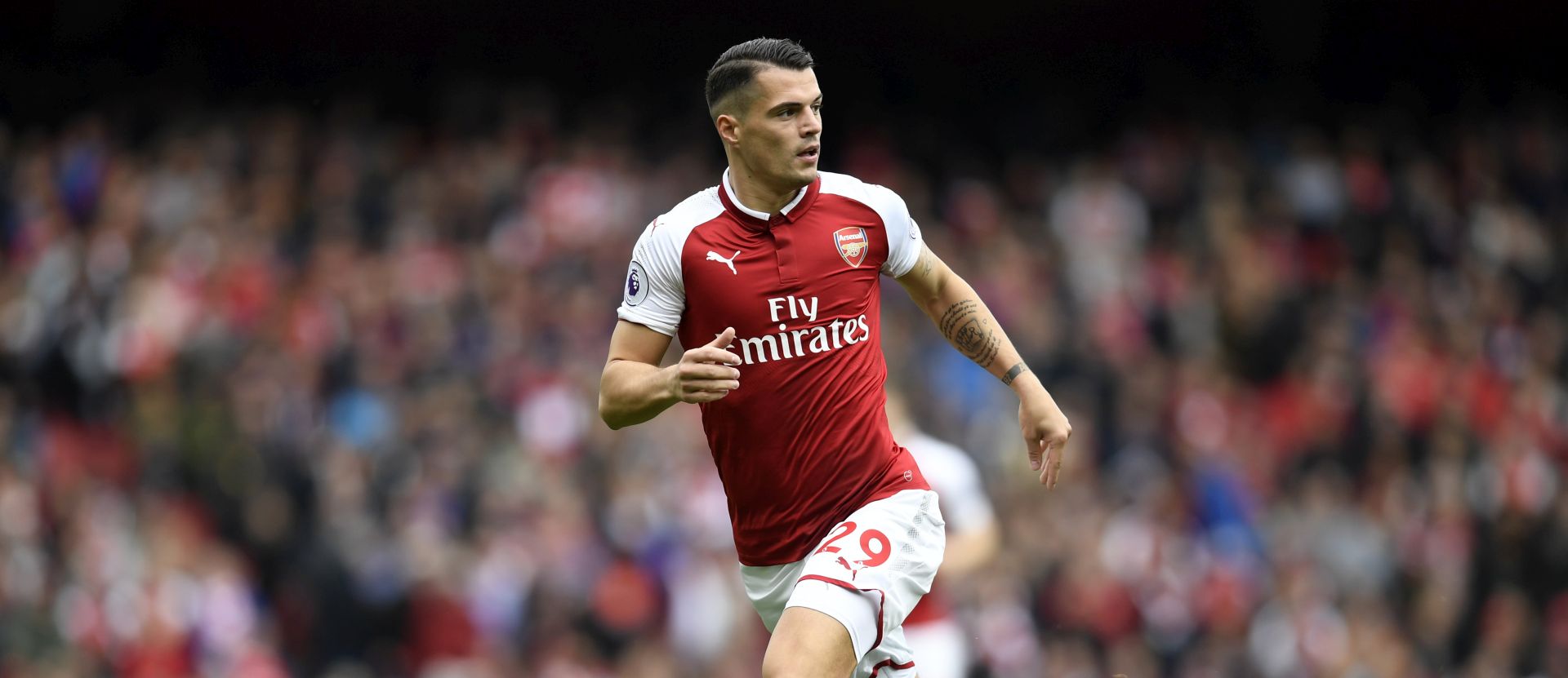 epa06237820 Arsenal's Granit Xhaka during the English Premier League soccer match between Arsenal vs Brighton & Hove Albion at Emirates, London, Britain, 1st October 2017.  EPA/WILL OLIVER EDITORIAL USE ONLY. No use with unauthorized audio, video, data, fixture lists, club/league logos or 'live' services. Online in-match use limited to 75 images, no video emulation. No use in betting, games or single club/league/player publications