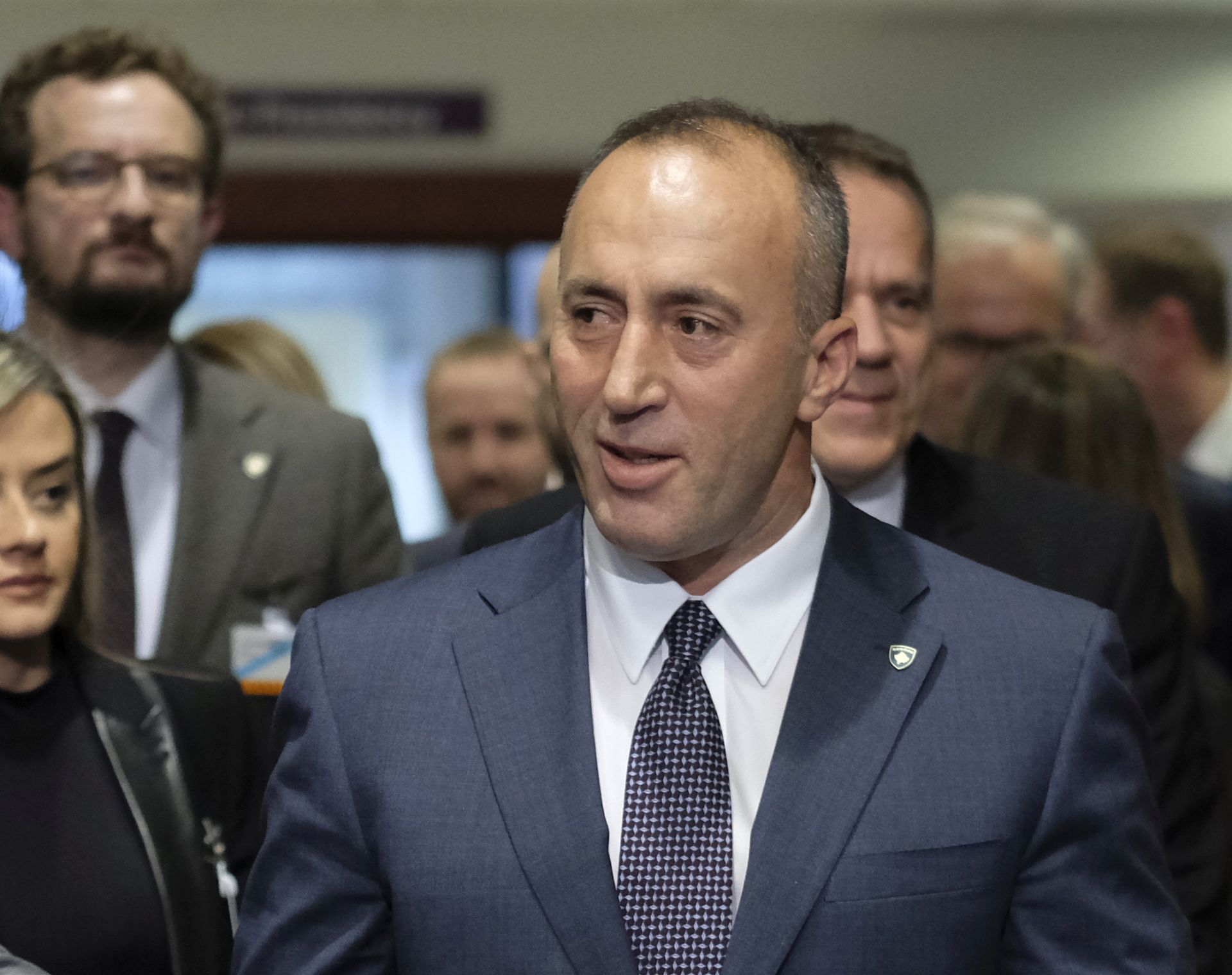 epa07237257 Prime Minister of the Republic of Kosovo Ramush Haradinaj (R) and his Minister of Foreign Affairs Behgjet Pacolli (L) attend an EU Kosovo Association council in Brussels, Belgium, 17 December 2018.  EPA/OLIVIER HOSLET