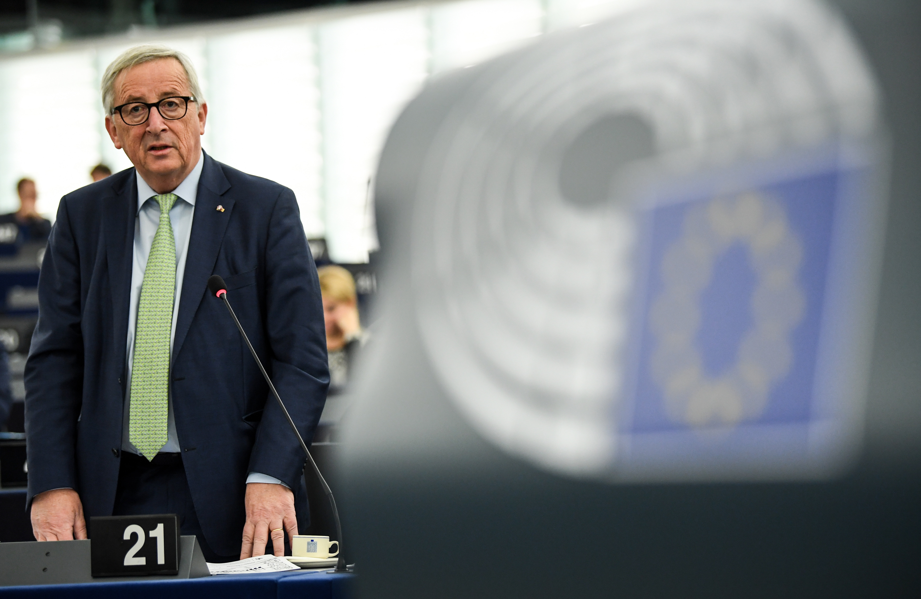 epa07285835 Jean-Claude Juncker, President of the European Commission, delivers his speech at the European Parliament in Strasbourg, France, 15 January 2019, during the debate on the Review of the Austrian Council Presidency.  EPA/PATRICK SEEGER