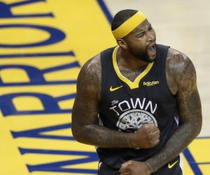 epa07349272 Golden State Warriors center DeMarcus Cousins reacts after drawing a foul by the San Antonio Spurs during the second half of their game at Oracle Arena in Oakland, California, 06 February 2019.  EPA/JOHN G. MABANGLO SHUTTERSTOCK OUT