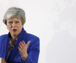 epa07589959 British prime minister Theresa May delivers a speech setting out a new proposal for her Brexit deal in London, Britain, on 21 May 2019. The premier is considering tighter customs ties with the European Union.  EPA/Chris Ratcliffe / POOL