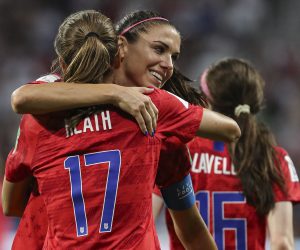 epa07690557 USA's Alex Morgan celebrates with team mates after scoring a goal during the Semi final match between England and USA at the FIFA Women's World Cup 2019 in Lyon, France, 02 July 2019.  EPA/SRDJAN SUKI