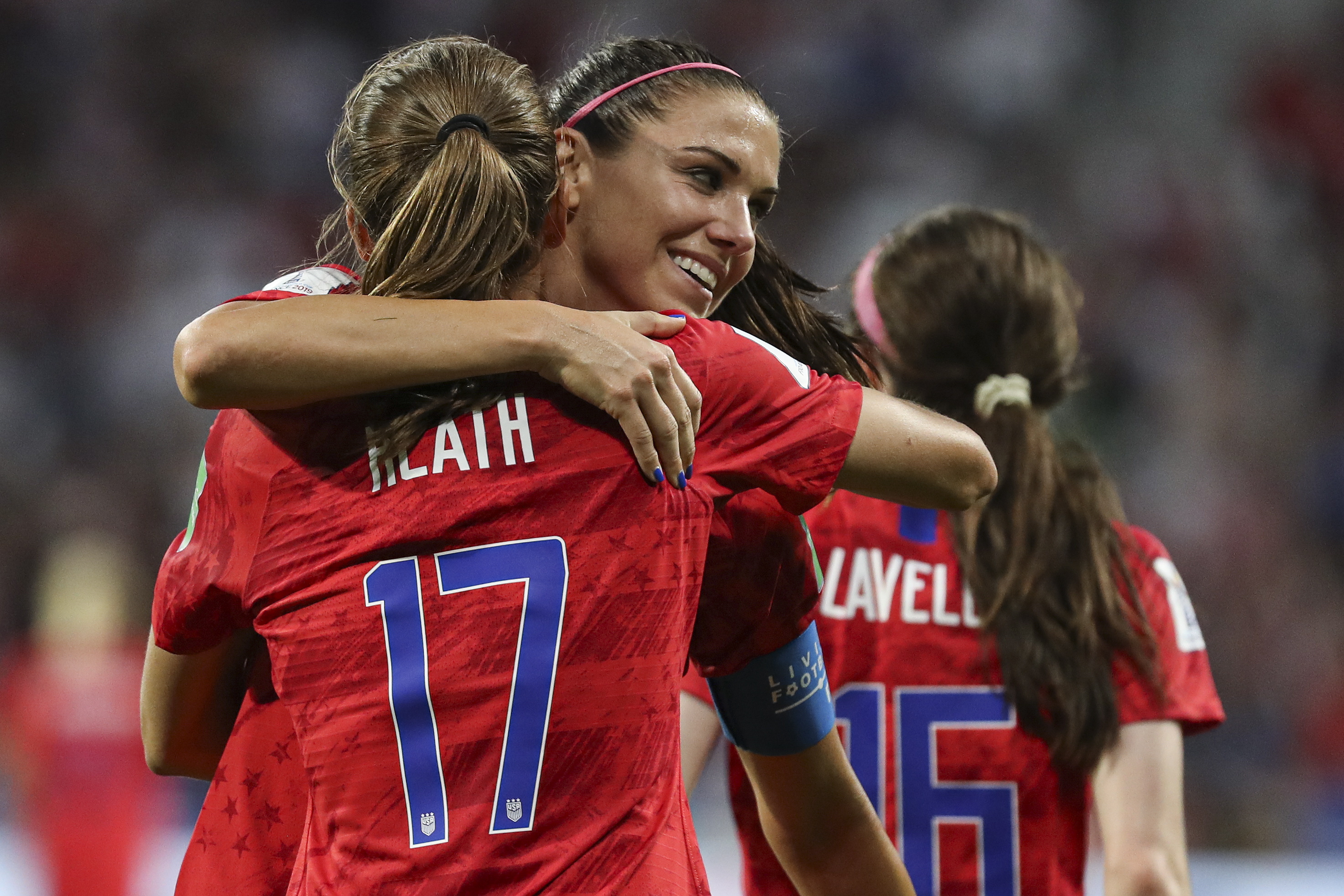 epa07690557 USA's Alex Morgan celebrates with team mates after scoring a goal during the Semi final match between England and USA at the FIFA Women's World Cup 2019 in Lyon, France, 02 July 2019.  EPA/SRDJAN SUKI