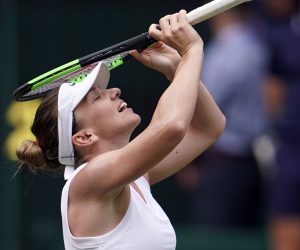 epa07710041 Simona Halep of Romania celerates her straight sets win over Elina Svitolina of Ukraine whom she defeated in their semi final match during the Wimbledon Championships at the All England Lawn Tennis Club, in London, Britain, 11 July 2019. EPA/NIC BOTHMA EDITORIAL USE ONLY/NO COMMERCIAL SALES