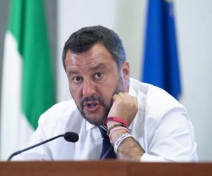 epa07758884 Italian deputy premier and interior minister, Matteo Salvini, speaks to the press during a break of the meeting with the industrial and trade union organizations at the Viminale building in Rome, Italy, 06 August 2019.  EPA/MAURIZIO BRAMBATT