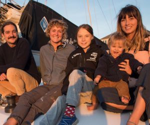 epa07992493 A handout photo made available by Greta Thunberg shows her (C) with Australian couple Riley Whitelum (L) and Elayna Carausu (R), and English skipper Nikki Henderson (2-L) on board the catamaran La Vagabonde at an undisclosed location in Virginia, USA, 12 November 2019 (issued 13 November 2019). Swedish climate activist Greta Thunberg is to set sail for Europa to take part in the COP25 climate summit in Madrid in early December.  EPA/GRETA THUNBERG HANDOUT  HANDOUT EDITORIAL USE ONLY/NO SALES