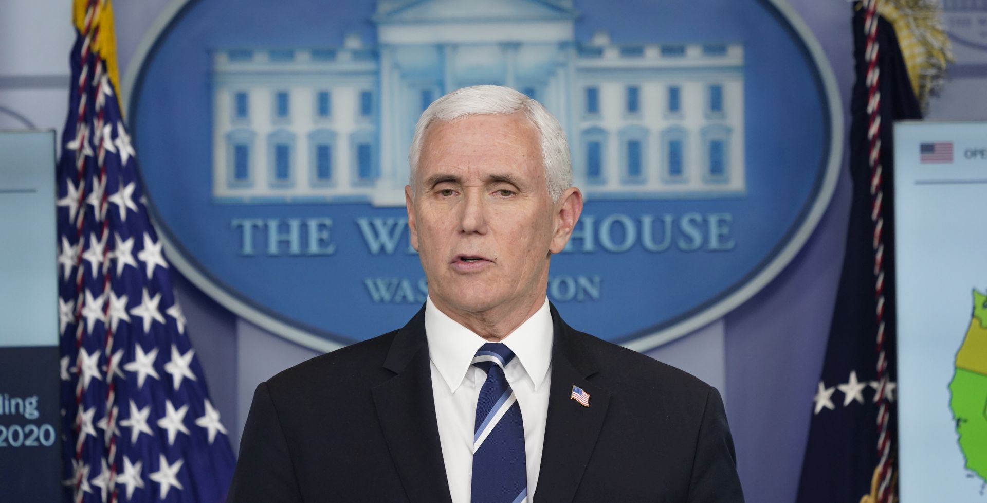 epa08367688 US Vice president Mike Pence speaks during a news briefing with members of the Coronavirus Task Force at the White House, in Washington, DC, USA, 16 April 2020.  EPA/Chris Kleponis / POOL