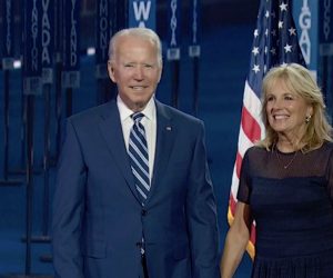 epa08613797 A framegrab from the Democratic National Convention Committee livestream showing former Vice President Joe Biden (L) and Dr. Jill Biden (R) onstage after Senator Kamala Harris spoke during the third night of the 2020 Democratic National Convention (DNC) in Milwaukee, Wisconsin, USA, 19 August 2020. The convention, which was expected to draw 50,000 people to the city, is now taking place virtually due to coronavirus pandemic concerns.  EPA/DNCC