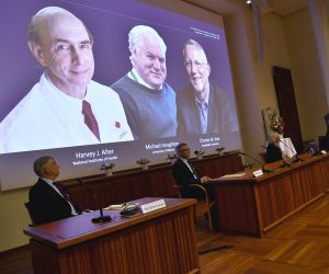 epa08721714 Thomas Perlmann (R), Secretary of the Nobel Assembly at the Karolinska Institut and of the Nobel Committee for Physiology or Medicine, announces the winners of the 2020 Nobel Prize in Physiology or Medicine during a press conference at the Karolinska Institute in Stockholm, Sweden, 05 October 2020. (L-R) on the screen are Harvey J.  Alter, Michael Houghton and Charles M  Rice, the three laureates who win the 2020 Nobel Medicine Prize.  EPA/Claudio Bresciani / POOL SWEDEN OUT