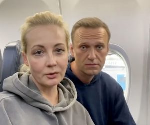 epa08943746 A frame grab of Alexei and Yulia Navalnaya taken from a video posted on the Instagram account @navalny shows Russian opposition Leader Alexei Navalny before his flight at the Berlin Brandenburg International Airport BER in Schoenefeld, Germany, 17 January 2021 Russian opposition leader Alexei Navalny plans to return to Russia on a scheduled flight to Moscow later in the afternoon on 17 January. He was treated at the Charite hospital in Berlin since 22 August 2020 for being poisoned with a nerve agent from the Novichok group and was discharged from acute inpatient care on 22 September 2020.  EPA/ALEXEI NAVALNY INSTAGRAM