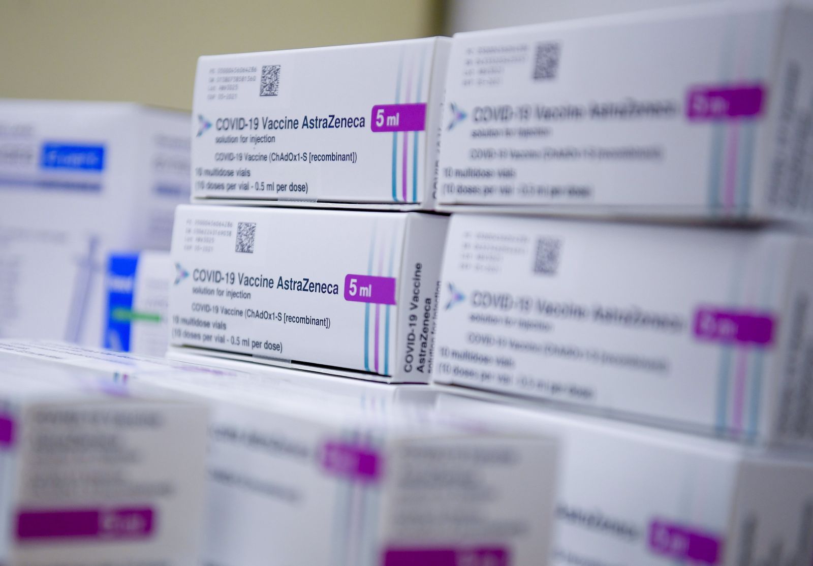 epa08998655 Packets containing the Oxford/AstraZeneca COVID-19 vaccine are stacked at the Hajdu-Bihar County Department of Public Health in Debrecen, Hungary, 09 February 2021. Hungary received 40,800 doses of the vaccine and will start the inoculatioon of adults aged 18-60 years.  EPA/ZSOLT CZEGLEDI HUNGARY OUT  EDITORIAL USE ONLY/NO SALES