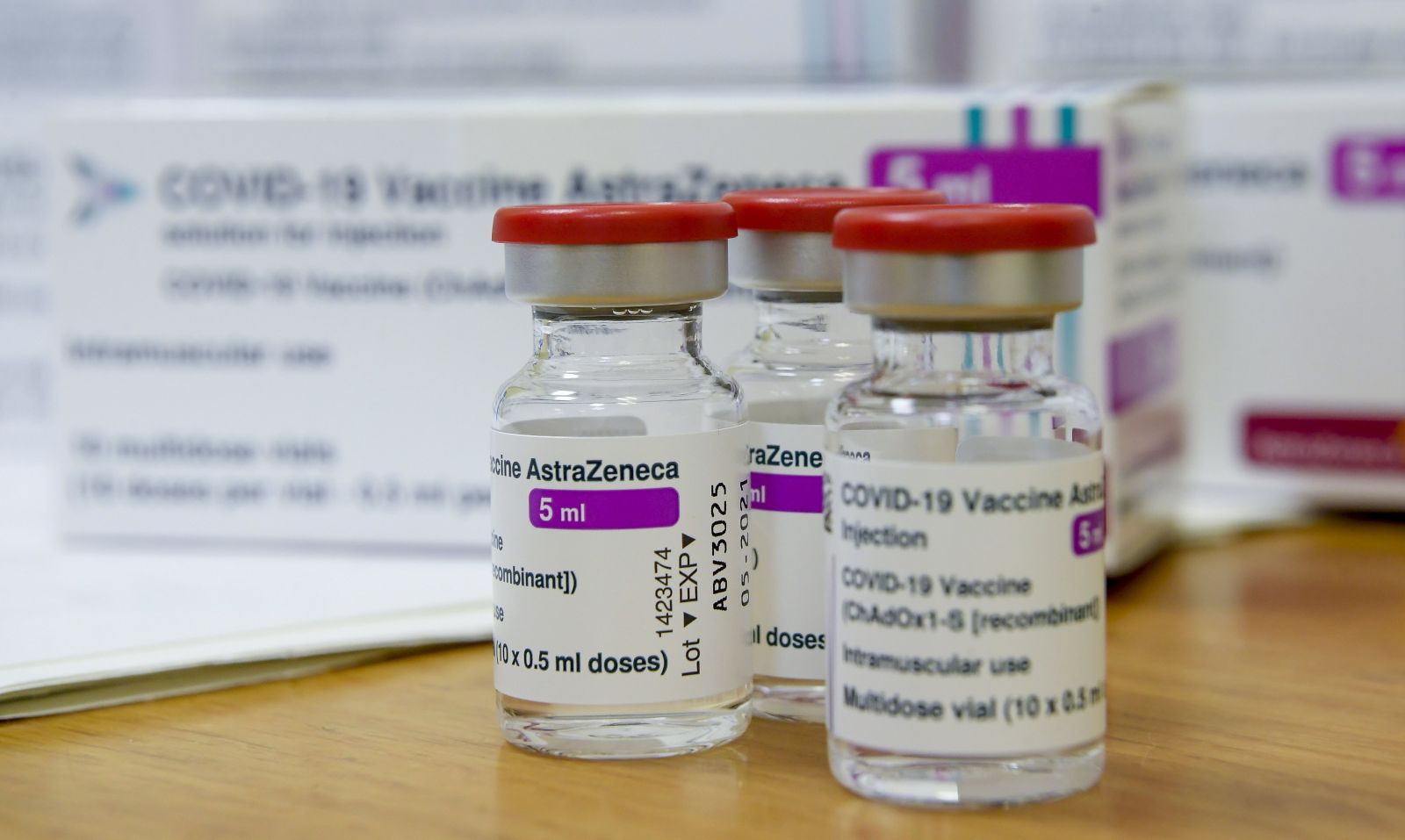 epa08998654 Three vials of Oxford/AstraZeneca COVID-19 vaccine are displayed at the Hajdu-Bihar County Department of Public Health in Debrecen, Hungary, 09 February 2021. Hungary received 40,800 doses of the vaccine and will start the inoculatioon of adults aged 18-60 years.  EPA/ZSOLT CZEGLEDI HUNGARY OUT  EDITORIAL USE ONLY/NO SALES