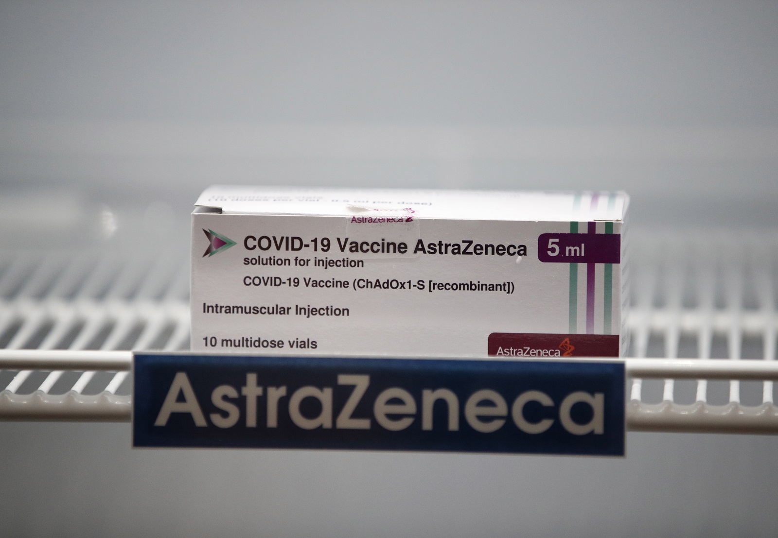 epa09069145 A box of vaccine against COVID-19 developed by AstraZeneca is displayed in storage inside a pharmaceutical refrigerator after the cancelation and postponement of the vaccinate event for the Prime Minister and cabinet ministers due to reports of side effect, at Bamrasnaradura Infectious Diseases Institute in Nonthaburi province, Thailand, 12 March 2021. Thai Prime Minister and his cabinet ministers abruptly postponed their vaccination against COVID-19 with AstraZeneca vaccine due to the reports on blood clots after inoculation.  EPA/RUNGROJ YONGRIT