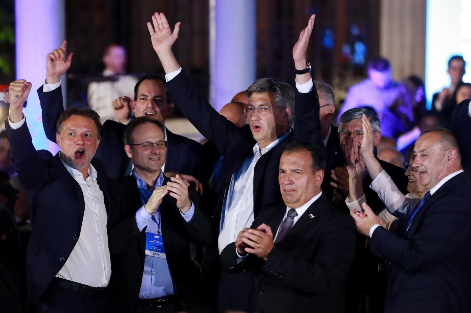 05.07.2020., Zagreb - Docek izbornih rezultata u stozeru HDZ-a u Arheoloskom muzeju. Andrej Plenkovic slavi u drustvu Gordana Jandrokovica, Tome Medveda i Vilija Berosa.
Photo: Sanjin Strukic/PIXSELL