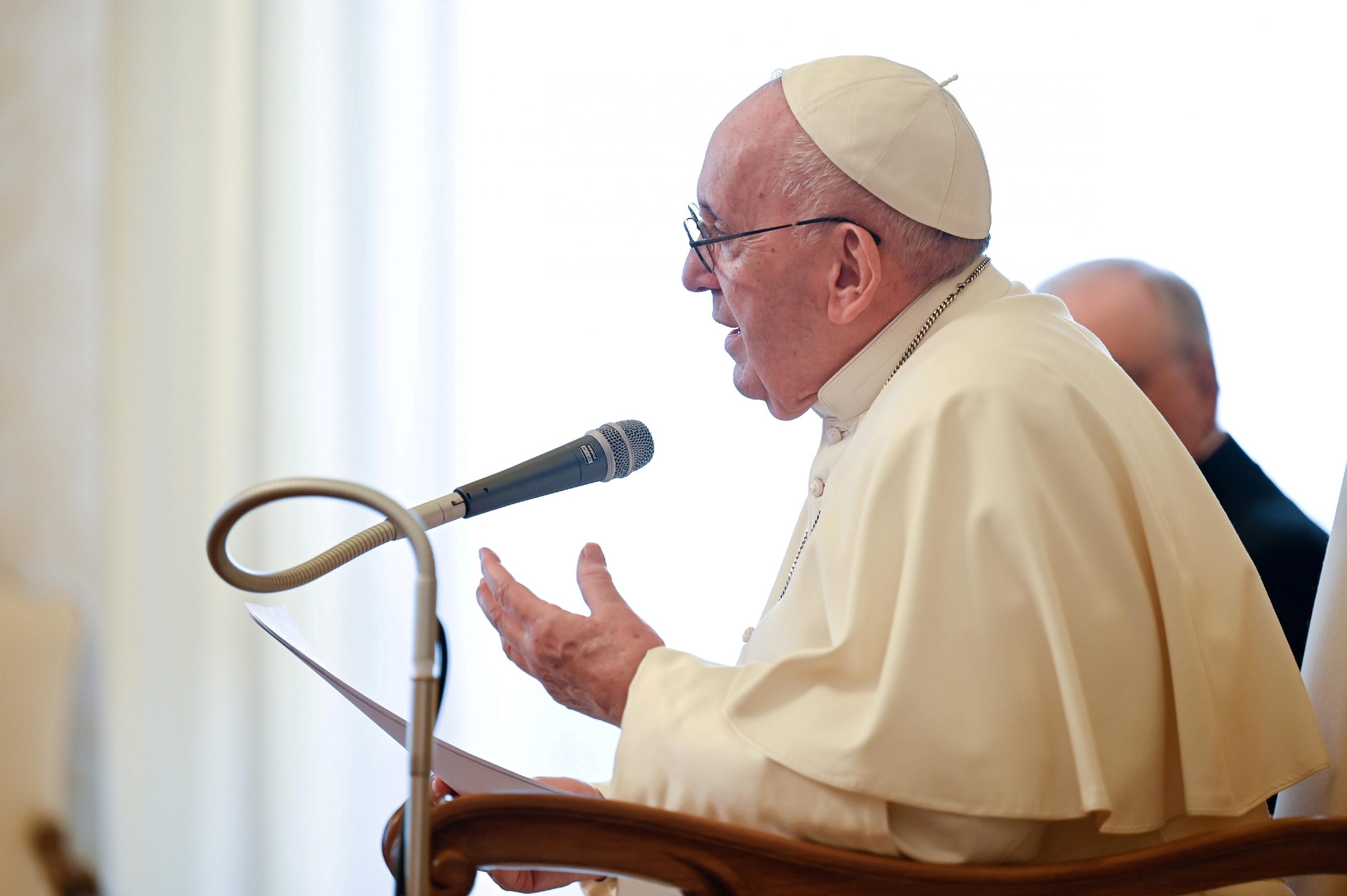 FILE PHOTO: Pope Francis holds weekly audience FILE PHOTO: Pope Francis holds the weekly general audience at the Vatican, April 7, 2021.  Vatican Media/Handout via REUTERS.  ATTENTION EDITORS - THIS IMAGE WAS PROVIDED BY A THIRD PARTY./File Photo VATICAN MEDIA