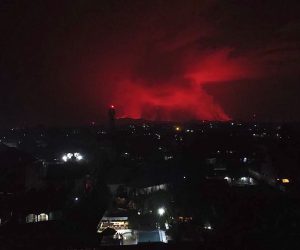 epa09220971 Mount Nyiragongo volcano erupts over Goma, Democratic Republic of the Congo, 22 May 2021. One of the planets most active volcanoes Mount Nyiragongo in eastern Democratic Republic of Congo erupted causing evacuations in some parts of Goma. Initial reports from scientists predict the city is not in danger from the lava.  EPA/HUGH KINSELLA CUNNINGHAM