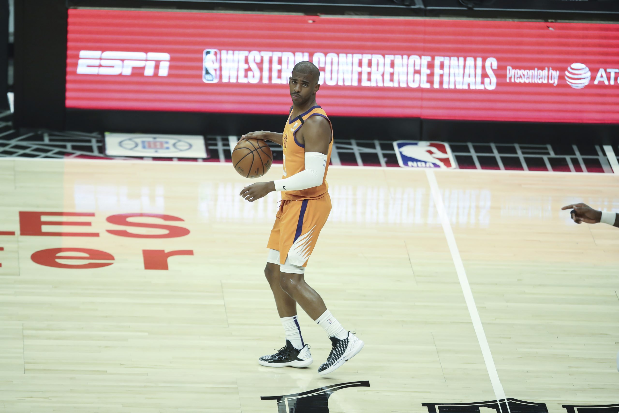 LOS ANGELES, CA - JUNE 24: Phoenix Suns guard Chris Paul (3) during the Phoenix Suns game versus the Los Angeles Clippers game 3 NBA Western Conference Finals game on June 24, 2021, at Staples Center in Los Angeles, CA. (Photo by Jevone Moore/Icon Sportswire) (Icon Sportswire via AP Images)