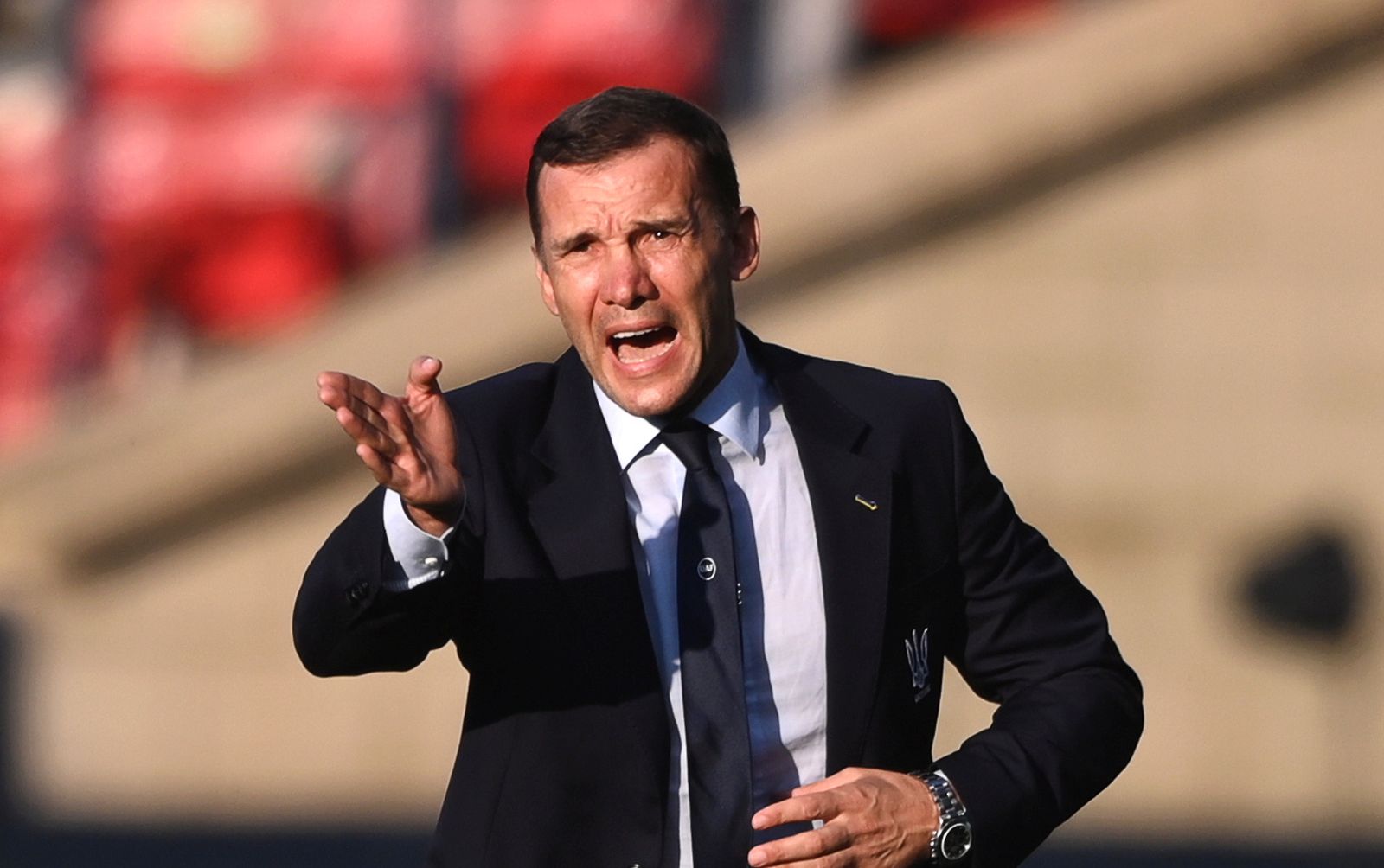 epa09311954 Ukraine's head coach Andriy Shevchenko reacts during the UEFA EURO 2020 round of 16 soccer match between Sweden and Ukraine in Glasgow, Britain, 29 June 2021.  EPA/Stu Forster / POOL (RESTRICTIONS: For editorial news reporting purposes only. Images must appear as still images and must not emulate match action video footage. Photographs published in online publications shall have an interval of at least 20 seconds between the posting.)