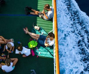 31.07.2019. Split -  Turisti uzivaju na trajektu Petar Hektorovic koji vozi na liniji Split - Vis  Photo: Josip Regovic/PIXSELL