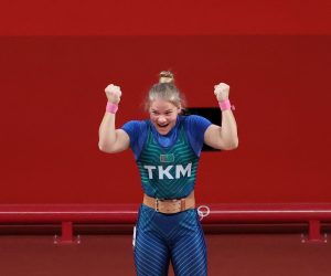 epa09369439 Polina Guryeva of Turkmenistan reacts competing in the Women's 59kg Group A competition during the Weightlifting events of the Tokyo 2020 Olympic Games at the Tokyo International Forum in Tokyo, Japan, 27 July 2021.  EPA/FAZRY ISMAIL