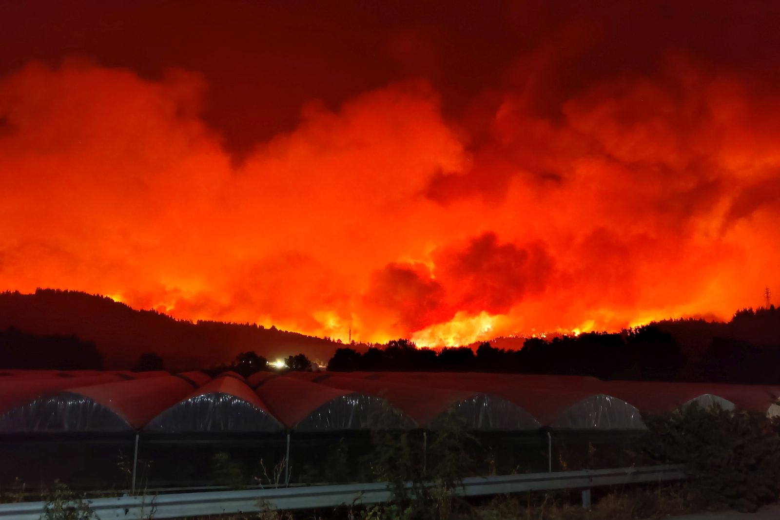 epa09399806 Smoke and flames rise as a wildfire burns the area of Skepasti in Evia island, eastern coast of Central Greece, 05 August 2021 (issued 06 August 2021).The battle with the flames continued for a third consecutive day in north Evia, where various fronts had joined to form three massive fire fronts moving in different directions and moving toward the sea.The region of Central Greece announced that the villages Aghia Anna, Kerasia and Ahladi in northern Evia must be evacuated due to the raging fire in the area.  EPA/PANAGIOTIS KOUROS