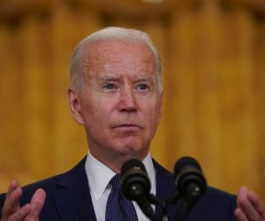 epa09431365 US President Joe Biden delivers remarks on the terror attack at Hamid Karzai International Airport in Kabul Afghanistan, and the US service members and Afghan victims killed and wounded, from the East Room of the White House in Washington, DC, USA, 26 August 2021.  EPA/Stefani Reynolds / POOL