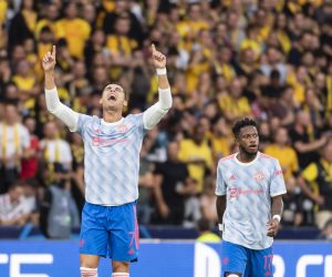 epa09468136 Manchester's Cristiano Ronaldo (C) celebrates scoring the opening goal during the UEFA Champions League group F soccer match between BSC Young Boys and Manchester United at the Wankdorf stadium in Bern, Switzerland, 14 September 2021.  EPA/ALESSANDRO DELLA VALLE