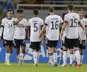 epa09519243 Players of Germany celebrate the 0-4 during the FIFA World Cup 2022 qualifying soccer match between North Macedonia and Germany in Skopje, Republic of North Macedonia 11 October 2021.  EPA/VALDRIN XHEMAJ