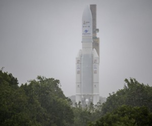 epa09655211 A handout photo made available by NASA shows Arianespace's Ariane 5 rocket with NASA’s James Webb Space Telescope onboard, being rolled out to the launch pad, at Europe’s Spaceport, the Guiana Space Center in Kourou, French Guiana, 23 December 2021. The James Webb Space Telescope (sometimes called JWST or Webb) is a large infrared telescope with a 21.3 foot (6.5 meter) primary mirror. The observatory will study every phase of cosmic history—from within our solar system to the most distant observable galaxies in the early universe.  EPA/NASA/Bill Ingalls HANDOUT MANDATORY CREDIT: (NASA/Bill Ingalls)

AFS 8/101 - Permanent HANDOUT EDITORIAL USE ONLY/NO SALES