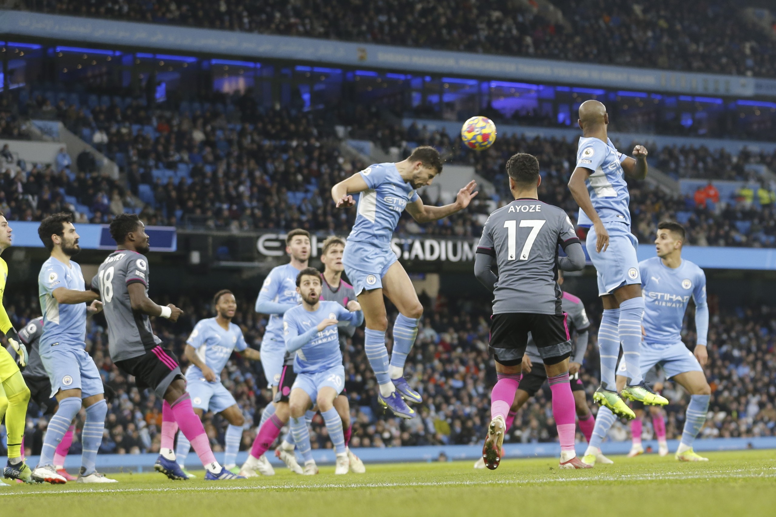 epa09657290 Manchester City's Aymeric Laporte (C) in action during the English Premier League match between Manchester City and Leicester City in Manchester, Britain, 26 December 2021.  EPA/MAGI HAROUN EDITORIAL USE ONLY. No use with unauthorized audio, video, data, fixture lists, club/league logos or 'live' services. Online in-match use limited to 120 images, no video emulation. No use in betting, games or single club/league/player publications