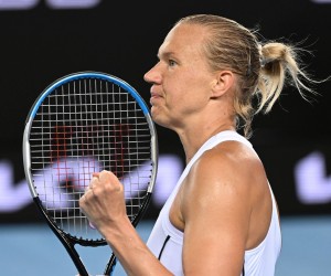 epa09706392 Kaia Kanepi of Estonia reacts after winning  her 4th round singles match against Aryna Sabalenka of Belarus at the Australian Open Grand Slam tennis tournament at Melbourne Park, in Melbourne, Australia, 25 January 2022.  EPA/DEAN LEWINS AUSTRALIA AND NEW ZEALAND OUT