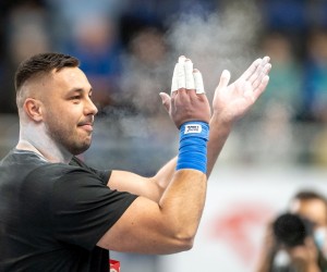 epa09777189 Filip Mihaljevic of the Croatia reacts during the men's Shot Put event at the indoor athletics meeting Copernicus Cup 2022 in Torun, Poland, 22 February 2022.  EPA/TYTUS ZMIJEWSKI POLAND OUT