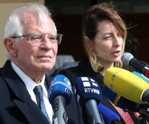 epa09828603 High Representative of the European Union for Foreign Affairs and Security Policy Josep Borrell Fontelles attends a joint press conference after the inauguration ceremony of new EUFOR troops, in Sarajevo Bosnia and Herzegovina, 16 March 2022. During his stay in Bosnia and Herzegovina, Josep Borrell will be visiting EUFOR Althea Operation, meeting with Women Peacebuilders, addressing the students at the East Sarajevo University and meeting with members of the Presidency.  EPA/FEHIM DEMIR