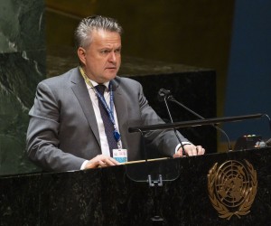 epa09844337 Ukraine's Ambassador to the UN Sergiy Kyslytsya addresses a United Nations General Assembly meeting where member countries are scheduled to debate and vote on two resolutions related to the humanitarian crisis being caused by Russia's invasion of Ukraine at United Nations headquarters in New York, New York, USA, 23 March 2022. The United Nations Security Council is also set on 23 March to take up a resolution sponsored by Russia related to the humanitarian situation in Ukraine, but without referring to the war.  EPA/JUSTIN LANE