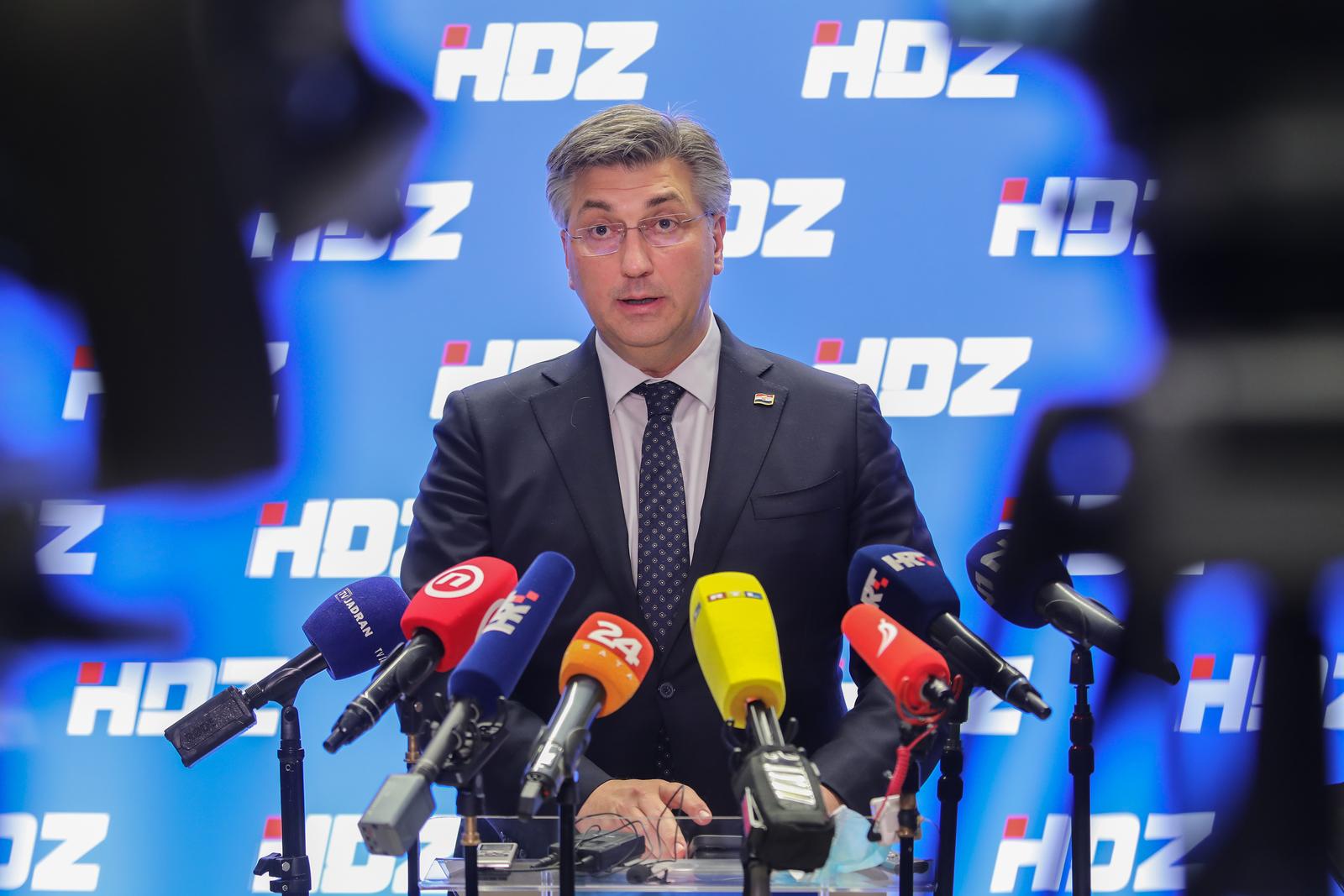 14.03.2022., Zagreb - Predsjednik Vlade i HDZ-a Andrej Plenkovic dao je izjavu medjima u sredisnjici HDZ-a nakon zavrsetka zajednicke sjednice Predsjednistva i Nacionalnog vijeca HDZ-a. Photo: Tomislav Miletic/PIXSELL