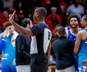 epa09889017 Charlotte Hornets forward Miles Bridges (R) is ejected from the game by referee James Williams during the second half of the NBA basketball Play-In Tournament game between the Charlotte Hornets and the Atlanta Hawks at State Farm Arena in Atlanta, Georgia, USA, 13 April 2022.  EPA/ERIK S. LESSER SHUTTERSTOCK OUT