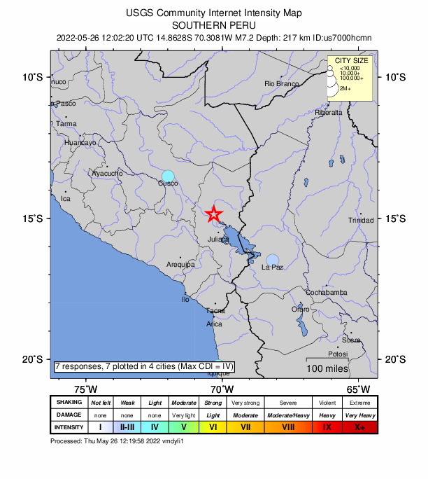 epa09977084 A handout shakemap made available by the United States Geological Survey (USGS) shows the location of a 7.2-magnitude earthquake hitting in southern Peru, 26 May 2022. The epicenter of the earthquake was recorded at a depth of 217 kilometres, the USGS said.  EPA/USGS HANDOUT  HANDOUT EDITORIAL USE ONLY/NO SALES