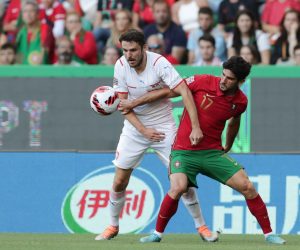 epa10004619 Portugal's Goncalo Guedes (R) in action with Czech Republic`s Milan Havel during the UEFA Nations League group A2 soccer match at Alvalade Stadium in Lisbon, Portugal, 09 June 2022.  EPA/TIAGO PETINGA