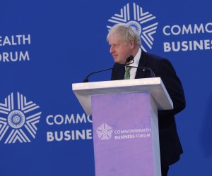 epa10030272 British Prime Minister Boris Johnson delivers a speech during a business forum of the Commonwealth Heads of Government Meeting (CHOGM) in Kigali, Rwanda, 23 June 2022. Rwanda is hosting the CHOGM Summit from 20 to 25 June.  EPA/EUGENE UWIMANA