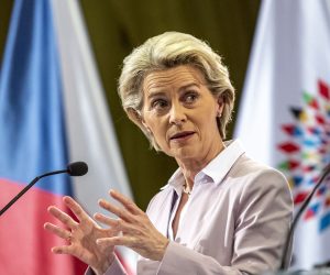 epa10046019 European Commission President Ursula von der Leyen speaks during a press conference after meeting with Czech Prime Minister Petr Fiala and Czech government during College of the European Commission visit on the very first day of the Czech Presidency of the EU Council, in Litomysl, Czech Republic, 01 July 2022. The Czech Republic's second presidency of the European Council will begin on 01 July 2022.  EPA/MARTIN DIVISEK