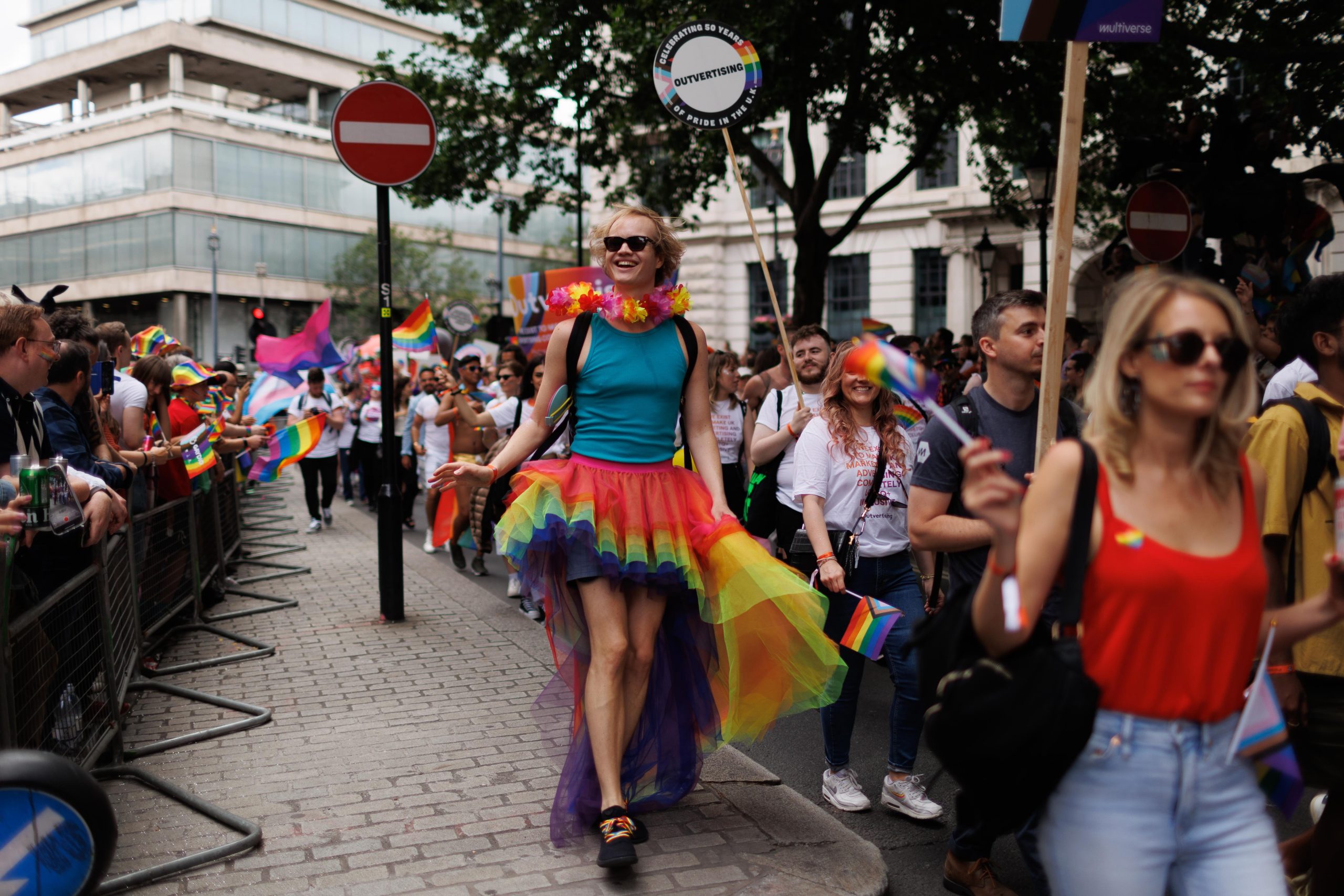 epa10047932 People participate in the Pride in London Parade 2022 in London, Britain, 02 July 2022. This year's parade commemorates 50 years since the first Pride event took place in the UK and the first since a pause due to the Coronavirus pandemic.  EPA/TIM IRELAND