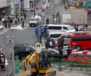 epaselect epa10058549 Police and firefighters gather around Yamato-Saidaiji Station of Kintetsu Railway in Nara, Japan, 08 July 2022, after Japan’s former Prime Minister Shinzo Abe was shot and gravely injured during an Upper House election campaign act to support a party candidate, according to local emergency authorities. The alleged shooter was taken into custody.  EPA/JIJI PRESS JAPAN OUT  EDITORIAL USE ONLY