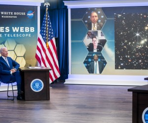 epa10065878 US President Joe Biden looks on during a briefing from National Aeronautics and Space Administration (NASA) officials about the first images from the Webb Space Telescope in the South Court Auditorium of the White House in Washington, DC, USA 11 July 2022.  EPA/SHAWN THEW