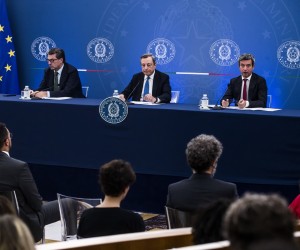 epa10067055 Italian Prime Minister Mario Draghi (C) with the Italian Minister of Labor Andrea Orlando (R) and Italian Minister of Economic Development, Giancarlo Giorgetti, during a press conference after the meeting with the CGIL, CISL, and UIL trade unions at the Multifunctional Hall of the Presidency of the Council, Chigi Palace, in Rome, Italy, 12 July 2022. Italian government proposed a new pact to trade unions to increase wages in order to help them through the inflation.  EPA/ANGELO CARCONI