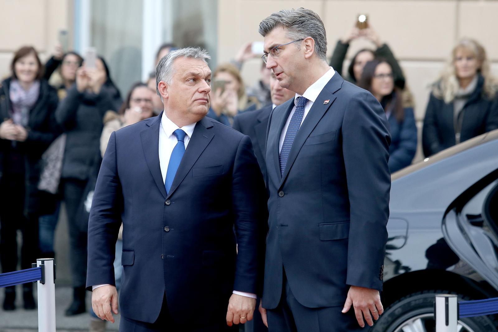 03.12.2018., Zagreb - U povodu sastanka na vrhu Srednjoeuropske inicijative predsjednik Vlade Andrej Plenkovic primio je u Banskim dvorima predsjednika vlade Madjarske Viktora Orbana. Photo: Patrik Macek/PIXSELL