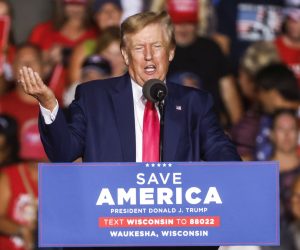 epa10108235 Former US President Donald J. Trump speaks at a Save America Rally in Waukesha, Wisconsin, USA, 05 August 2022. Trump was campaigning for Wisconsin Republican gubernatorial Tim Michaels, US Senator Ron Johnson and US House candidate Derrick Van Orden. Voters go the polls to vote in the primary election on 09 August.  EPA/TANNEN MAURY