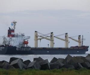 epa10123746 The Brave Commander bulker leaves Pivdennyi port near the South Ukrainian city of Odesa, Ukraine, 16 August 2022. The United Nations-chartered Brave Commander carries more than 23 thousand tons of wheat as the first humanitarian food aid cargo bound for Ethiopia from Ukraine after the start of the Russian invasion on Feburary 24 according to the Ukrainian Ministry of Infrastructure. Ukraine exports grain since a safe passage deal was signed between Ukraine and Russia on 22 July in Istanbul.  EPA/STR