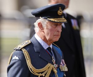 epa10183656 Britain's King Charles III follows the coffin containing the body of Queen Elizabeth II as it makes its way from Buckingham Palace to Westminster Hall in London, Britain, 14 September 2022. After a short service, the Queen’s lying in state will begin, lasting for four days and ending on the morning of the state funeral on the 19 September.  EPA/TOLGA AKMEN