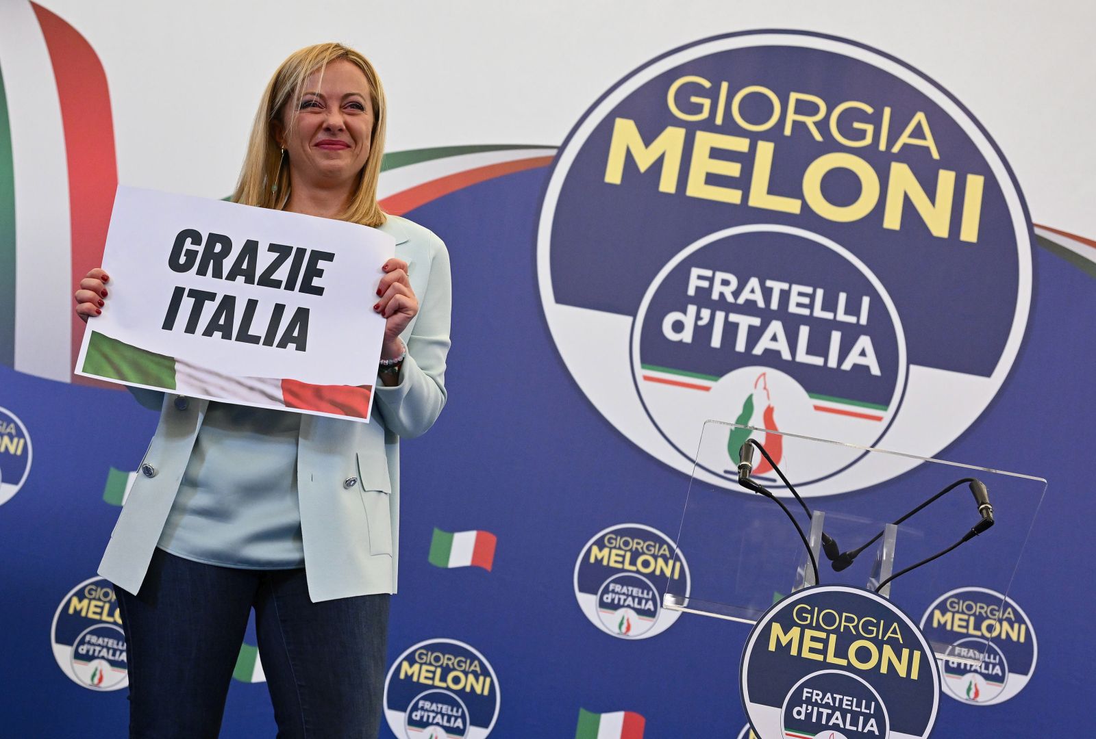 epa10206620 Giorgia Meloni at the headquarters of the Brothers of Italy (Fratelli d'Italia) in Rome, Italy, 25 September 2022. Italy held a  general snap election on 25 September following its prime minister's resignation in July. Final results are expected to be announced on 26 September.  EPA/ETTORE FERRARI