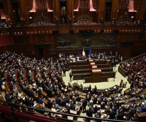 epa10242952 Deputies of centre-right parties celebrate the election of Lega Nord MP Lorenzo Fontana as Speaker of the Italian Chamber of Deputies in Rome, Italy, 14 October 2022.  EPA/RICCARDO ANTIMIANI